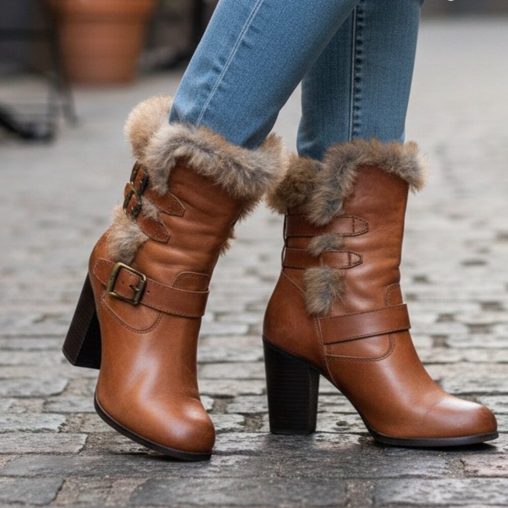 RARE Frye Penny Lux Rabbit Fur-Lined Cognac Leather Buckle Heeled Ankle Booties - Picture 9 of 16